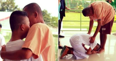 Vô tình gặp cha trong chiếc áo tù, cậu bé không xấu hổ, cúi lạy tỏ lòng tôn kính