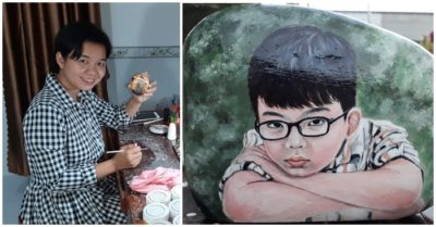 Từ những viên đá nhặt ven sông suối, cô gái biến chúng thành những tác phẩm nghệ thuật