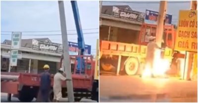 Video: Tài xế chết, 2 người bị thương khi lắp trụ đèn chiếu sáng