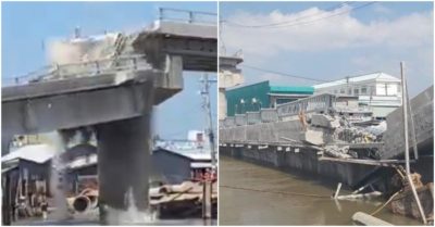 Clip: Đang xây dựng, cầu 54 tỷ ở Cà Mau bất ngờ đổ sập xuống sông