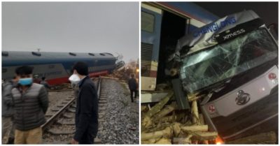 Video: Hiện trường tàu khách Bắc Nam tông xe tải, lật đầu máy văng xuống kênh