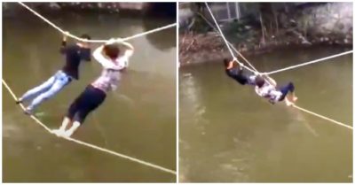 Video: Hai thanh niên chật vật bám dây thừng qua sông