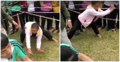 Video: Cụ bà ‘vận công’ cổ vũ kéo co cho đội nhà