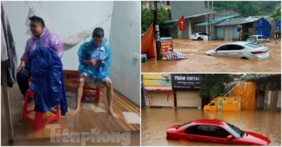 Lạng Sơn: Mưa lớn, ôtô nổi lềnh bềnh trên phố