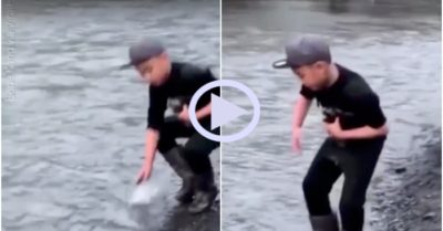Clip: Cậu bé nhặt cá mỏi tay bên bờ sông