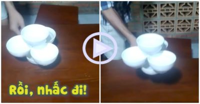 Clip: Chàng trai dùng 2 ngón tay nâng 5 bát nước đầy cùng một lúc