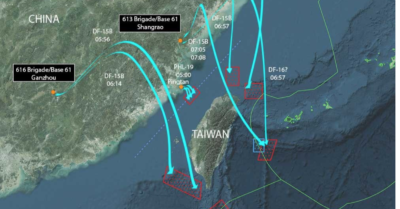 Bản đồ đường bay của tên lửa và vị trí Trung Quốc phóng tên lửa ở 5 khu vực xung quanh đảo Đài Loan