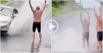 Video: Hai ông Tây khoái chí khi được ô tô tạt nước mưa vào người