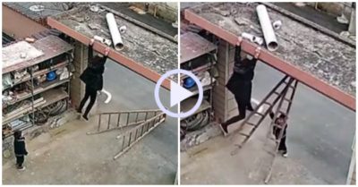 Video: Bé trai giải cứu bà treo lơ lửng vì trượt thang