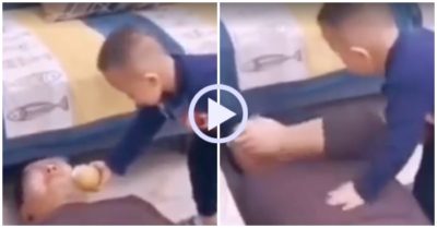Video: Bị con trai cướp bánh, bố lăn lộn gào khóc ăn vạ