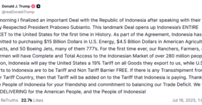 Tin thế giới ngày 16/7: Mỹ áp thuế 19% với Indonesia; ông Trump gửi cảnh báo Ukraine