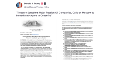 Mỹ bất ngờ trừng phạt hai tập đoàn dầu khí lớn nhất Nga, kêu gọi lập tức đạt lệnh ngừng bắn