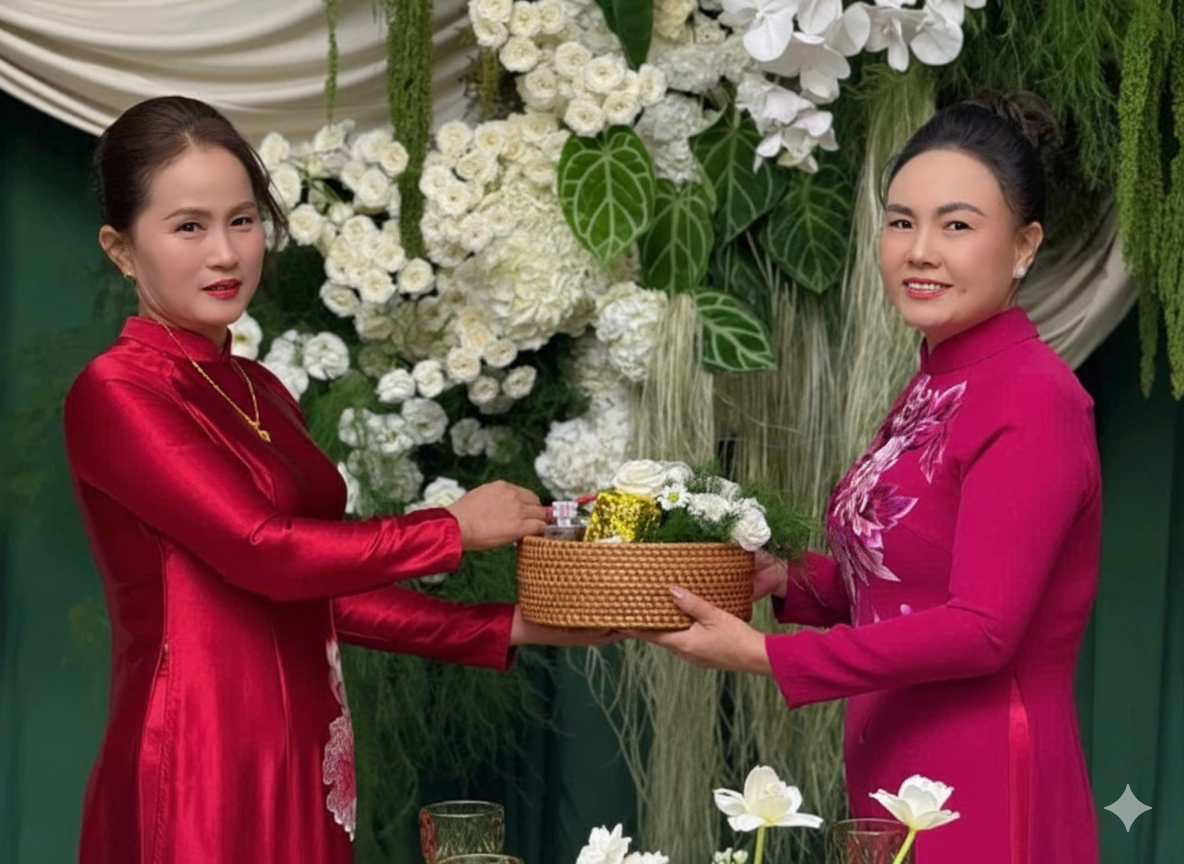 Lễ rước dâu Đỗ Thị Hà: Mẹ cô dâu Đỗ Thị Hà (trái) nhận lễ vật từ thông gia