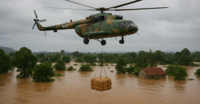 Hai trực thăng Mi-171 bay vào “rốn lũ” Hòa Xuân, thả 4 tấn hàng cứu trợ khẩn cấp