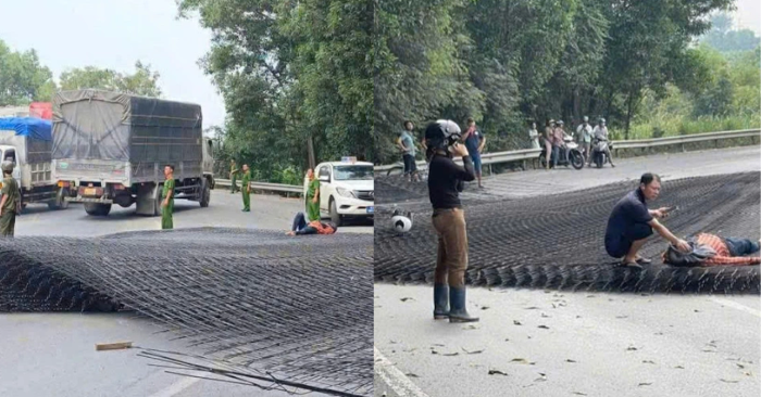 Hàng tấn thép rơi khỏi container, trúng đôi nam nữ đi xe máy