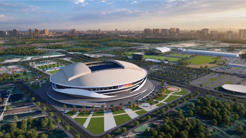 Tiến độ sân vận động lớn thứ hai Việt Nam sau 8 tháng khởi công có nhiều hạng mục thành hình, khán đài lộ diện, chuẩn bị lắp mái vòm thép.