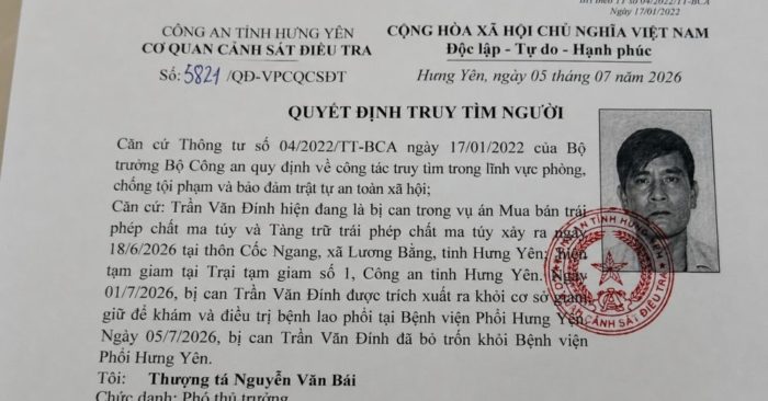 Bị can vụ án ma túy trốn khỏi bệnh viện khi đang điều trị, Công an Hưng Yên phát thông báo truy tìm và kêu gọi người dân phối hợp.