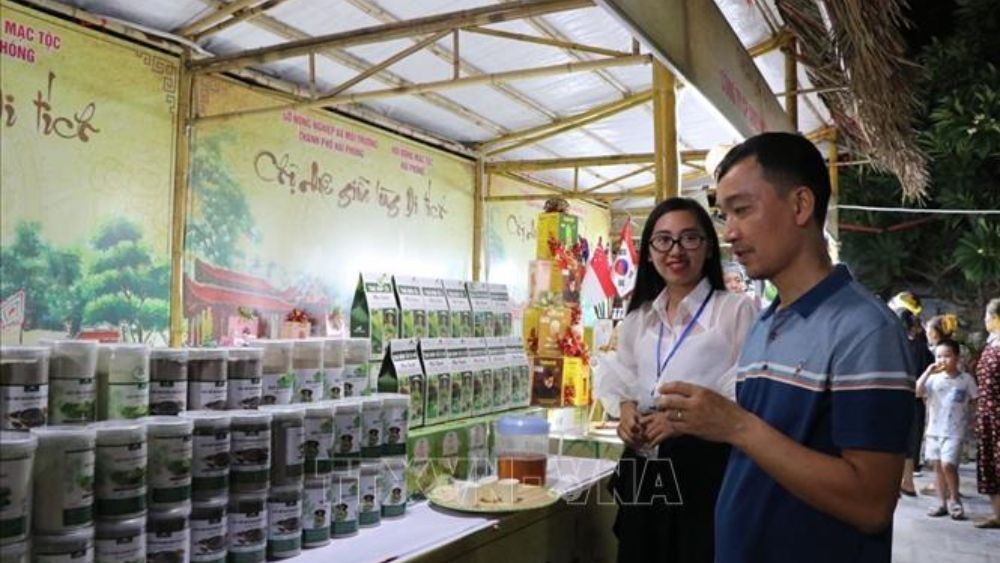 Chợ quê thời Mạc lần thứ IV tại Hải Phòng quy tụ 50 gian hàng, giới thiệu sản phẩm OCOP, nông sản và đặc sản địa phương.