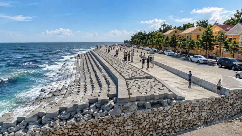 Phối cảnh kè biển Hải Tiến sau hoàn thiện cho thấy tuyến kè và đường ven biển, trong bối cảnh dự án gây lo ngại thu hẹp bãi tắm.
