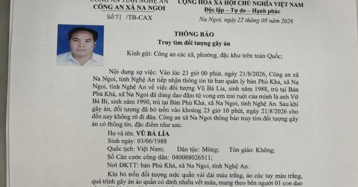 Công an xã Na Ngoi truy tìm Vừ Bá Lỉa, người liên quan vụ em trai tử vong sau xô xát. Chi tiết vụ án tại Nghệ An.