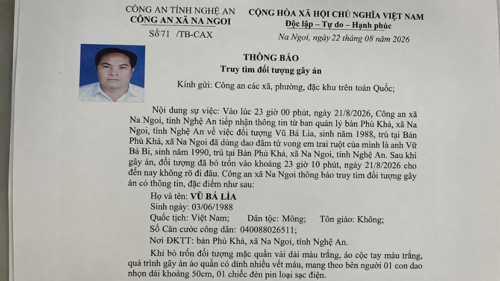 Công an xã Na Ngoi truy tìm Vừ Bá Lỉa, người liên quan vụ em trai tử vong sau xô xát. Chi tiết vụ án tại Nghệ An.