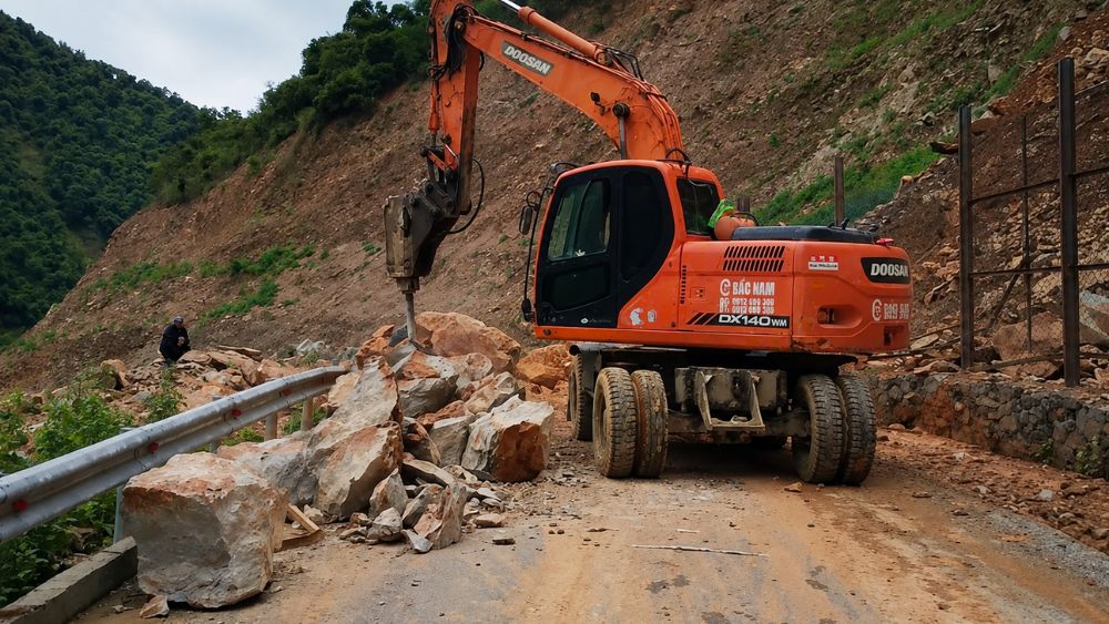 Tảng đá lớn lăn xuống đường ở Nghệ An, gây sạt lở và hư hỏng hàng rào. Lực lượng chức năng khẩn trương khắc phục hiện trường.