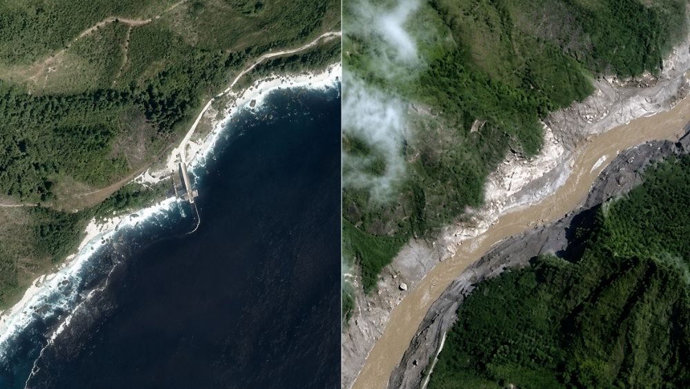 Lũ quét Nepal - Tây Tạng gây biến đổi lớn ở hạ lưu, với hình ảnh vệ tinh cho thấy dấu vết sạt lở và lòng sông thay đổi rõ rệt.