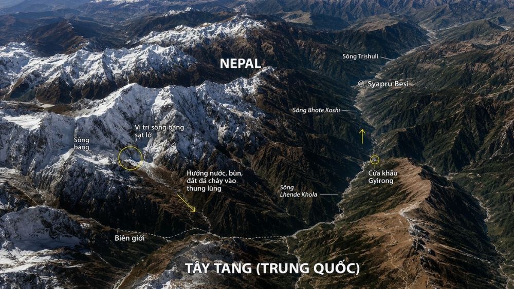 Sông băng sụp đổ trên dãy Himalaya tạo đập băng, sau đó vỡ ra, kích hoạt lũ quét tàn phá khu vực biên giới Nepal - Tây Tạng.