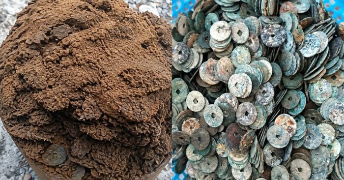 Chum sành nằm dưới nền đất, bên trong là gần 10kg tiền xu