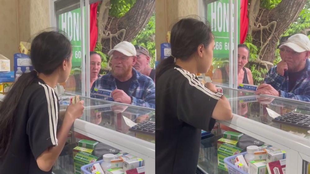 ô gái nói tiếng Anh phụ mẹ giao tiếp với khách Tây tại quầy thuốc, thu hút hơn 2 triệu lượt xem và nhiều bình luận tích cực.