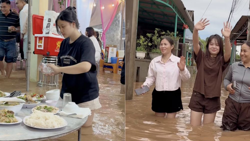 Đám cưới giữa mùa lũ ở Quảng Trị gây chú ý khi họ hàng, bạn bè xắn quần, lội nước đến nhà chú rể dự tiệc.